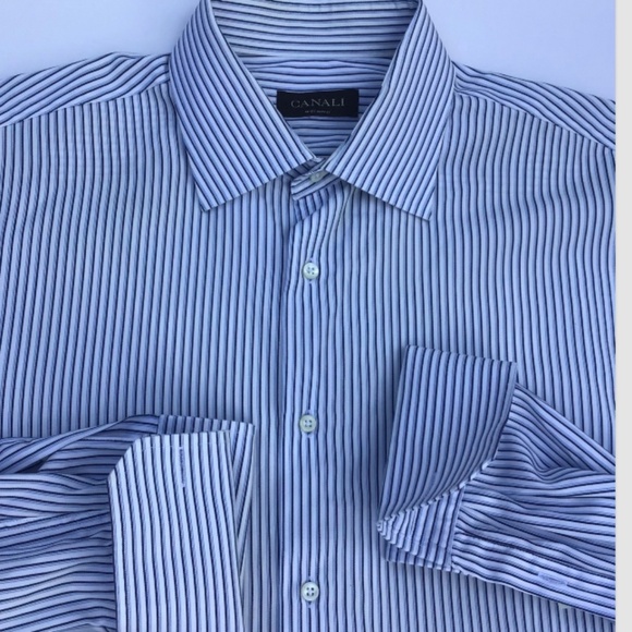 CANALI  blue striped  F.Cuff cotton  shirt Sz 17 .5 / 44 made in Italy 🇮🇹 - Picture 1 of 12